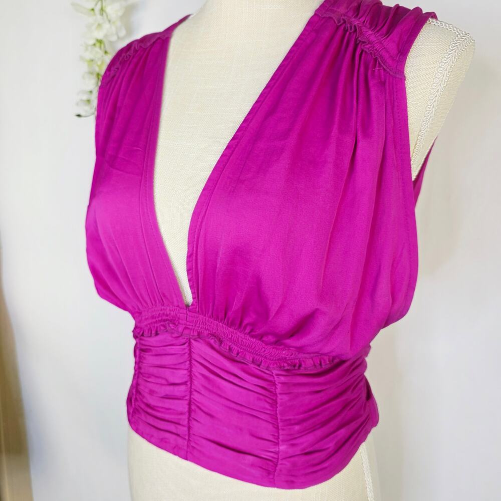 New Free People Crop Top Medium Satin Purple Ruched Tie Back Boho Y2K Festival - Picture 8 of 16